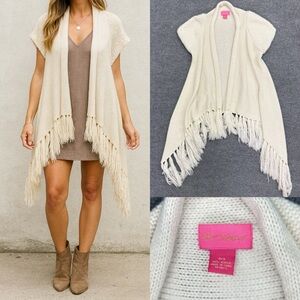 Betsey Johnson Fringe Knit Cardigan / Sweater Vest One Size O/S RARE Shrug Boho